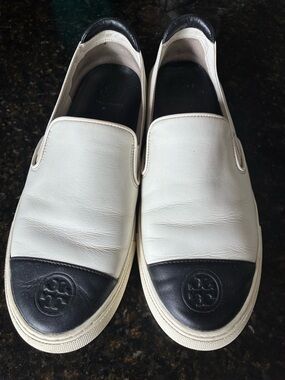 Tory Burch White Leather Slip-On Sneakers with Black Toe Caps